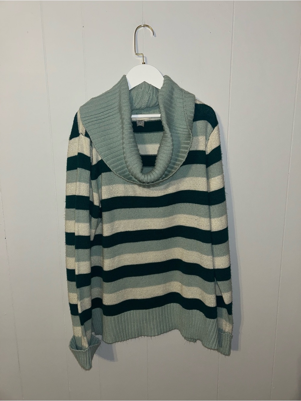 Canyon River Blues Striped Cowl Neck Sweater in Sage and Ivory